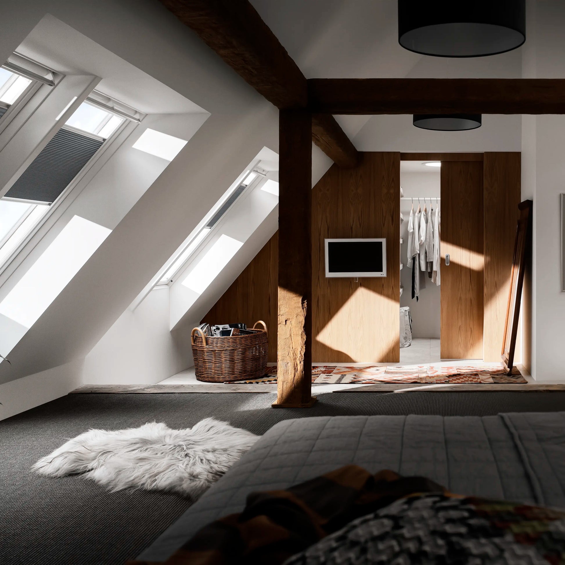 VELUX FHC plissé honingraat geïnstalleerd op VELUX dakraam — isolerende honingraat-structuur
