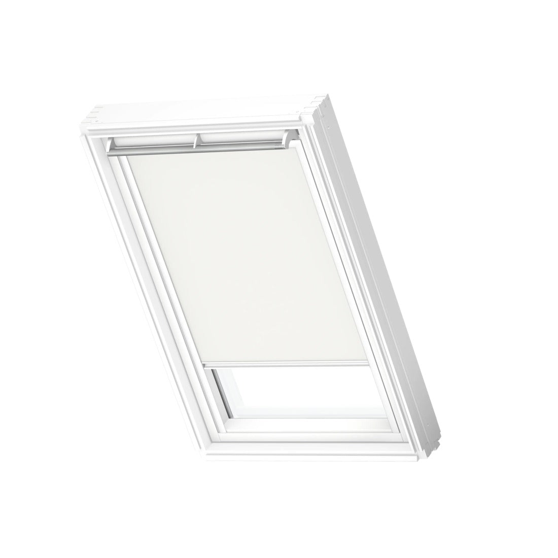VELUX DKL verduisterend rolgordijn in wit op een VELUX dakraam, productfoto op witte achtergrond