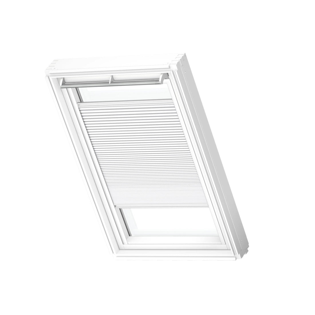VELUX FHC plissé honingraat in wit op een VELUX dakraam, productfoto op witte achtergrond