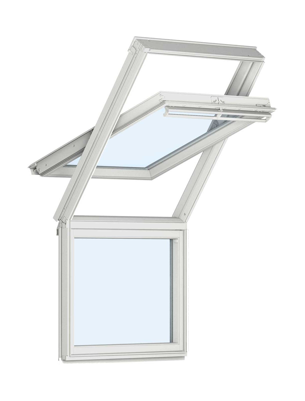VELUX GIU vast glaselement in combinatie met een openend dakraam, wit kunststof