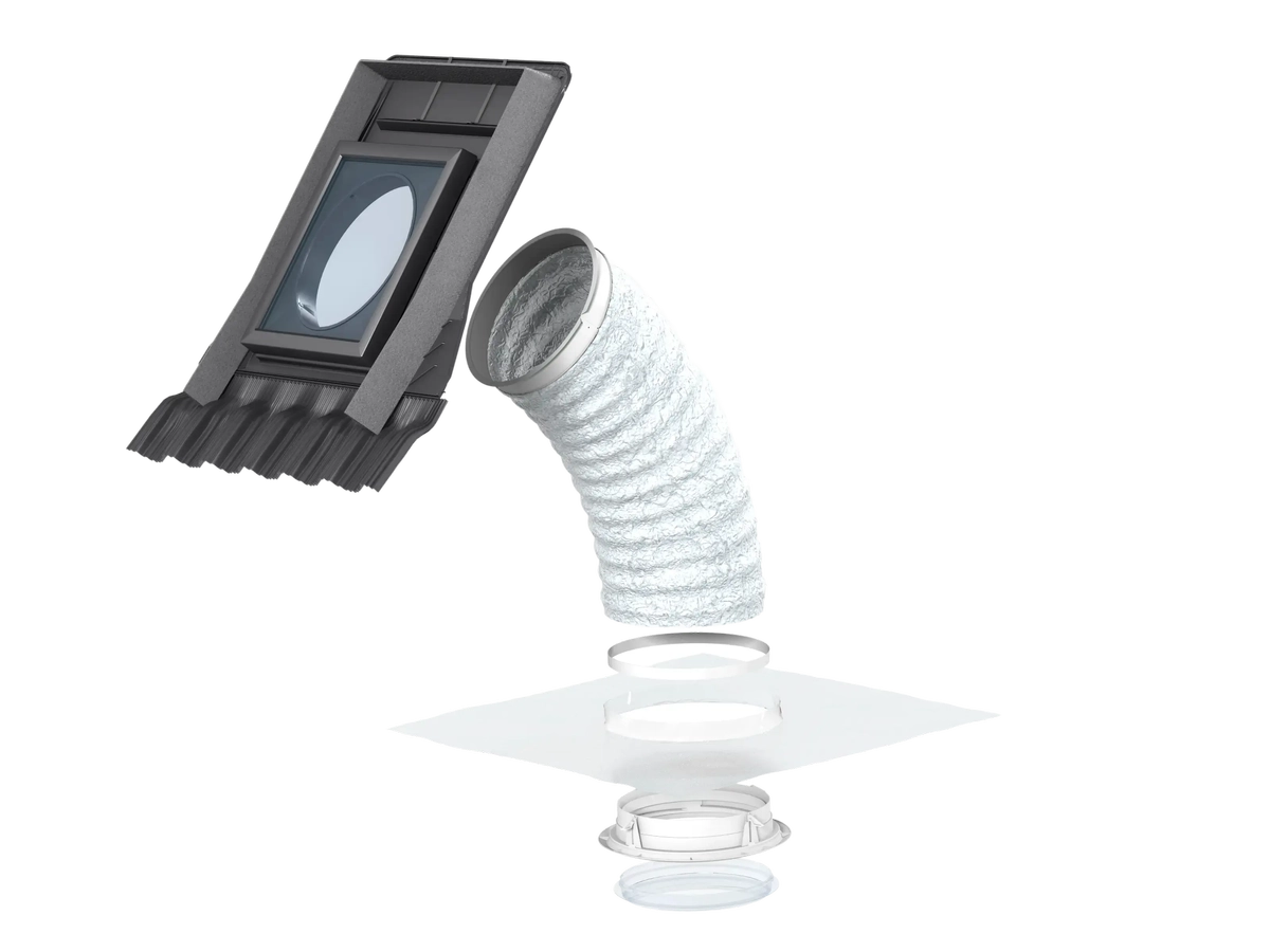 VELUX TWF daglichtspot voor hellend pannendak: gegolfd gootstuk met flexibele geribbelde buis en plafondring